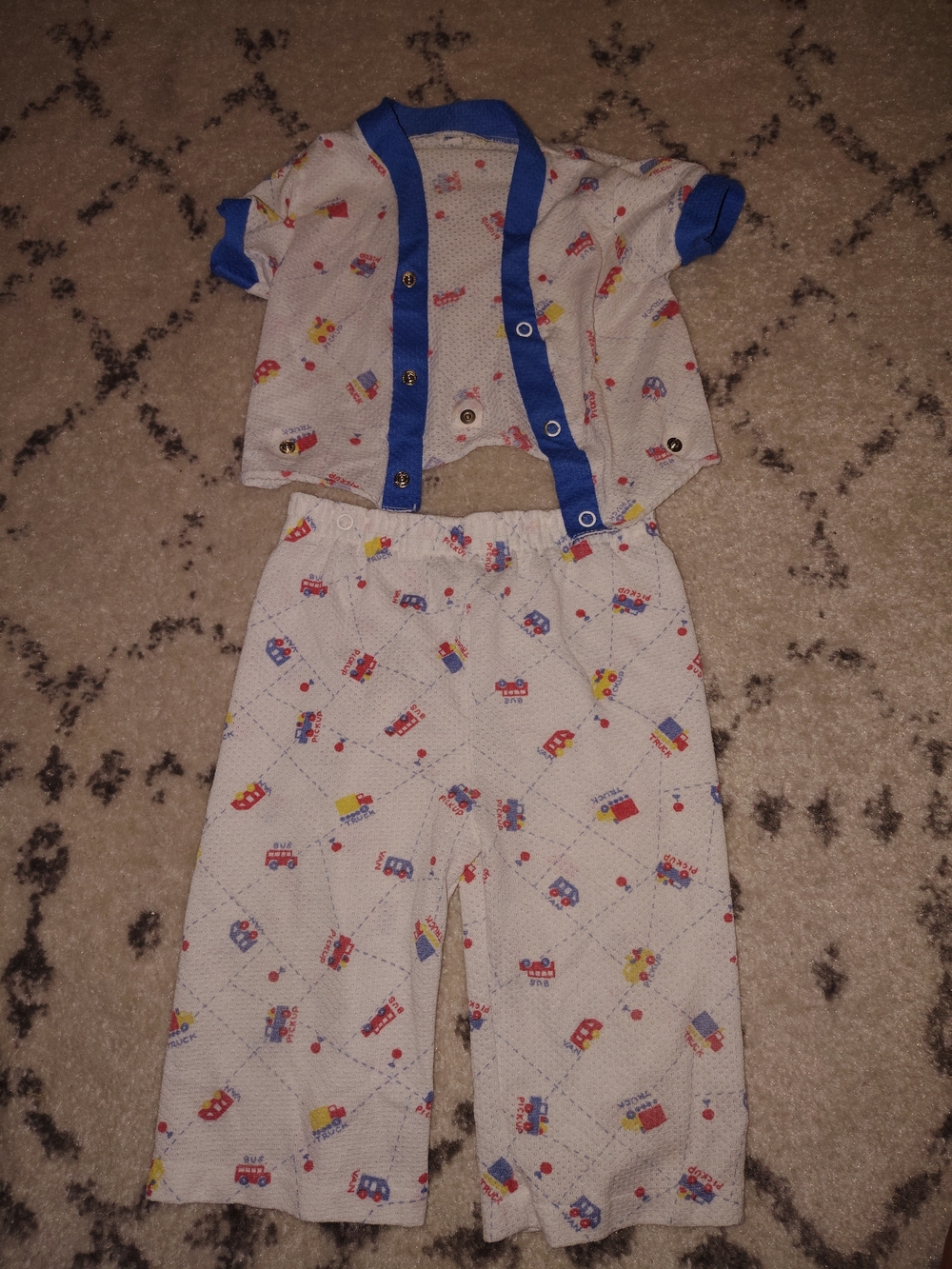 Vintage 1980s Baby Two-Piece Pajama Set with Vehicle Print - Blue Trim